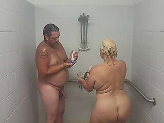Husband with the addition of wife taking a shower with a quickie.