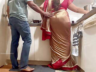 Indian Couple Romance in the Kitchen - Saree Sex - Saree lifted up and Ass Spanked