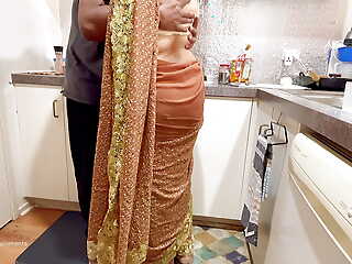 Indian Hang on Romance in the Kitchen - Saree Sex - Saree lifted up, Pain in the neck Spanked Boobs Press