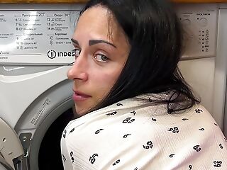 Stepson fucked Stepmom while she in median of washing machine. Anal Creampie