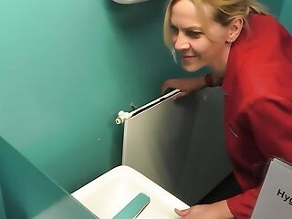 Blonde office battle-axe fucked in company toilet!!